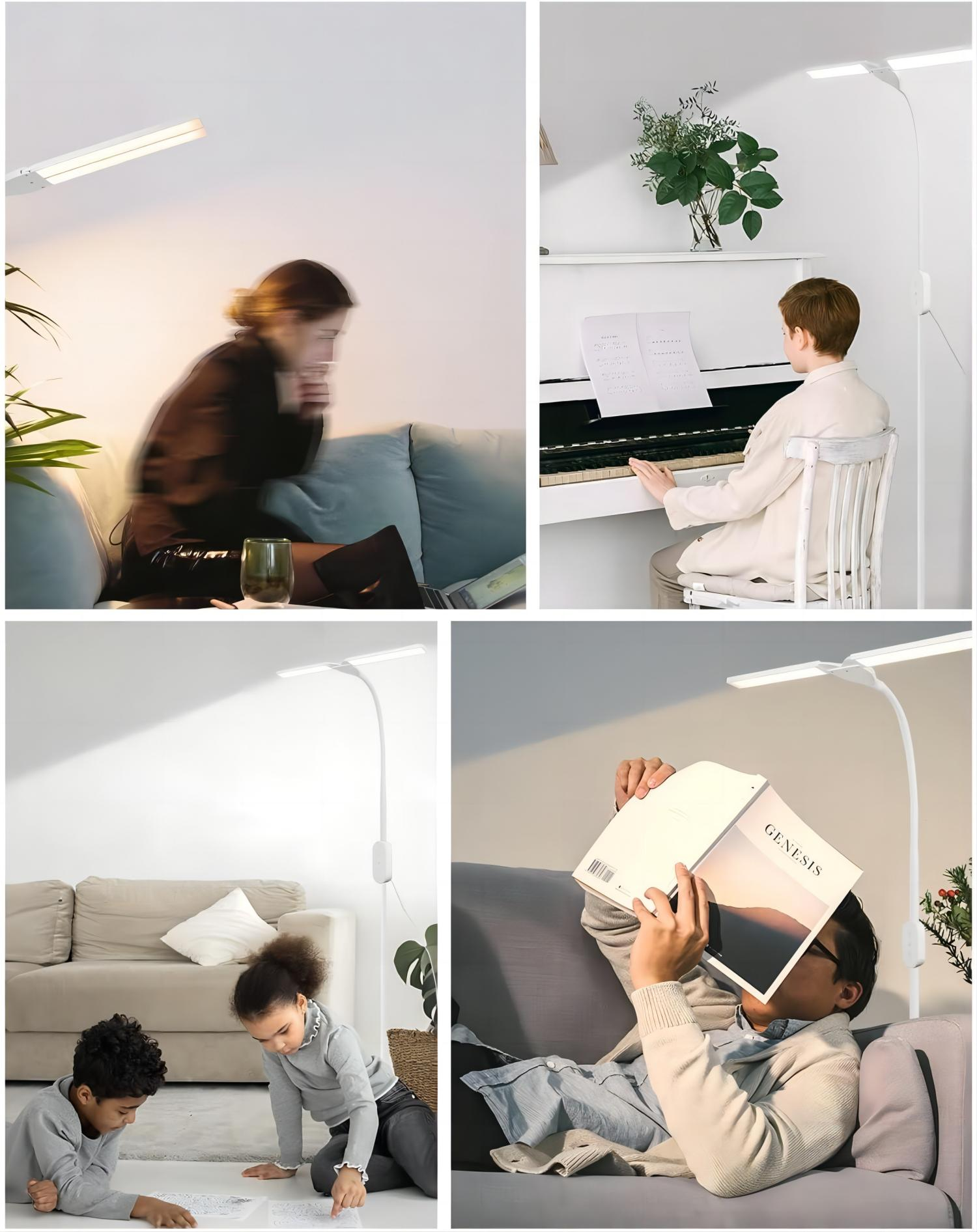 Cztery obrazy pokazujące ludzi czytających, pracujących i uczących się z lampami.