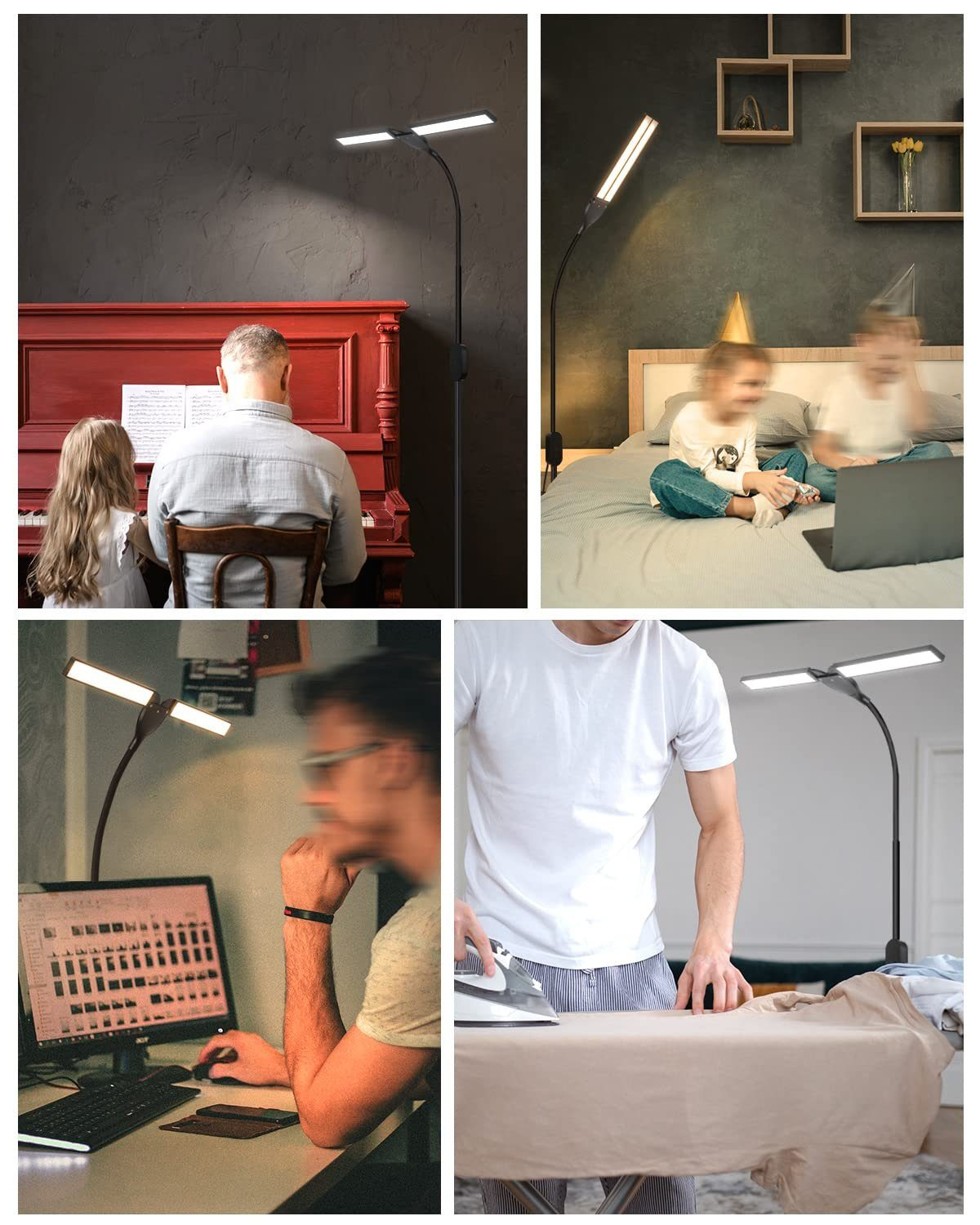 Czteropanelowy kolaż pokazujący lampę podłogową w użyciu. Ludzie pracują i relaksują się z lampą.