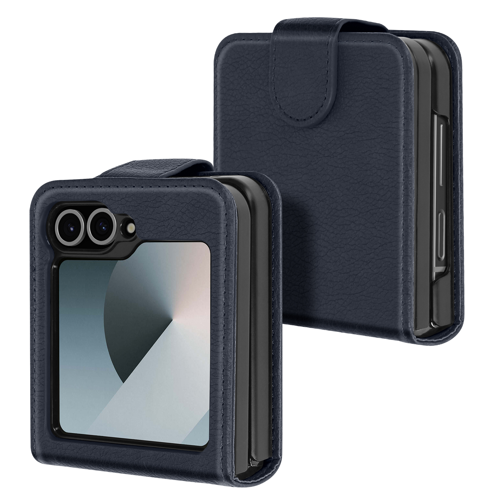 Una custodia per telefono blu navy con una cover aperta, che mostra un telefono.