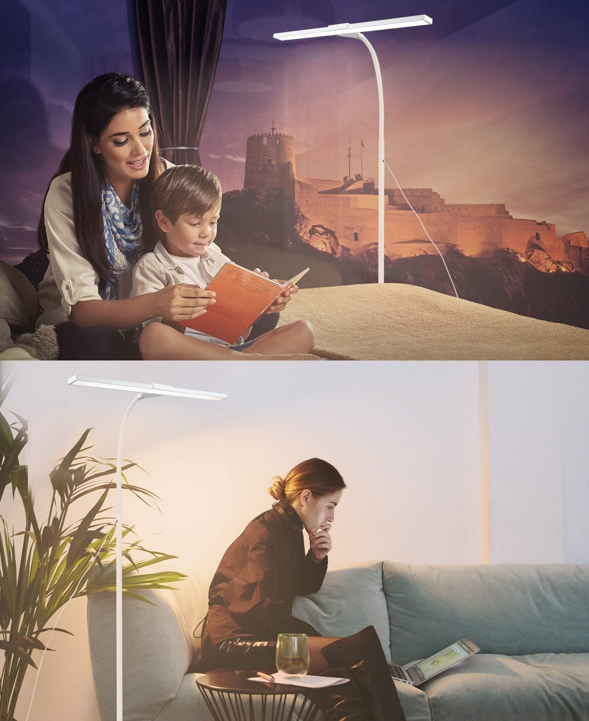 Dwie sceny z białą lampą podłogową: kobieta i dziecko czytają, inna kobieta używa laptopa.