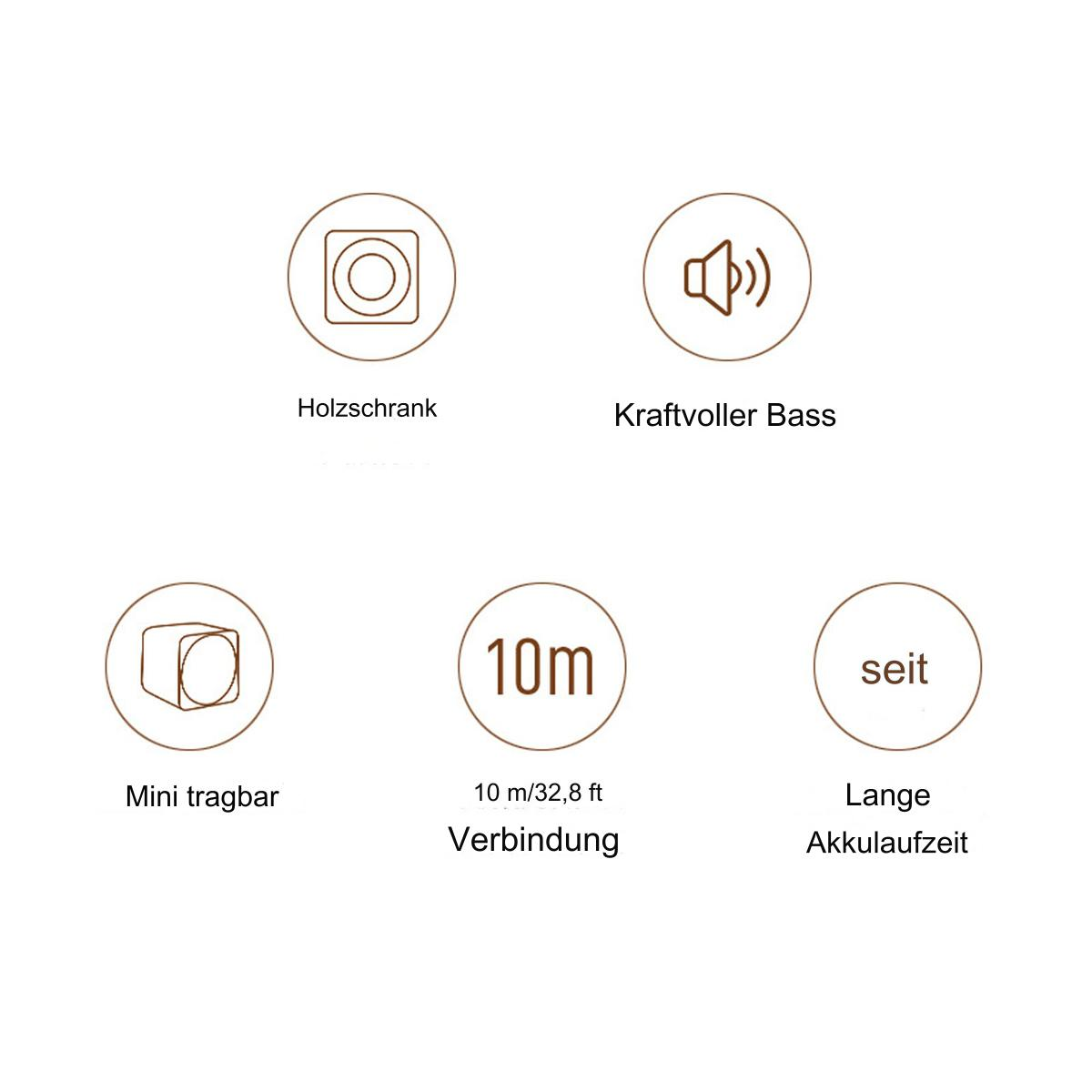 Symbole zeigen: Lautsprecher, kraftvoller Bass, Mini-Lautsprecher, 10m Verbindung.