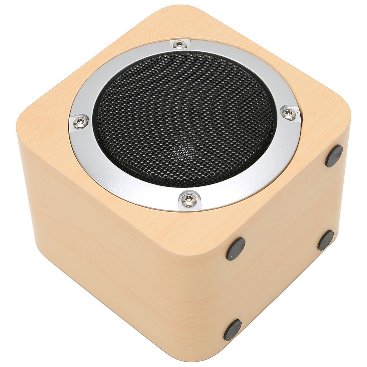 Ein kleiner Lautsprecher aus Holz mit schwarzem Gitter.