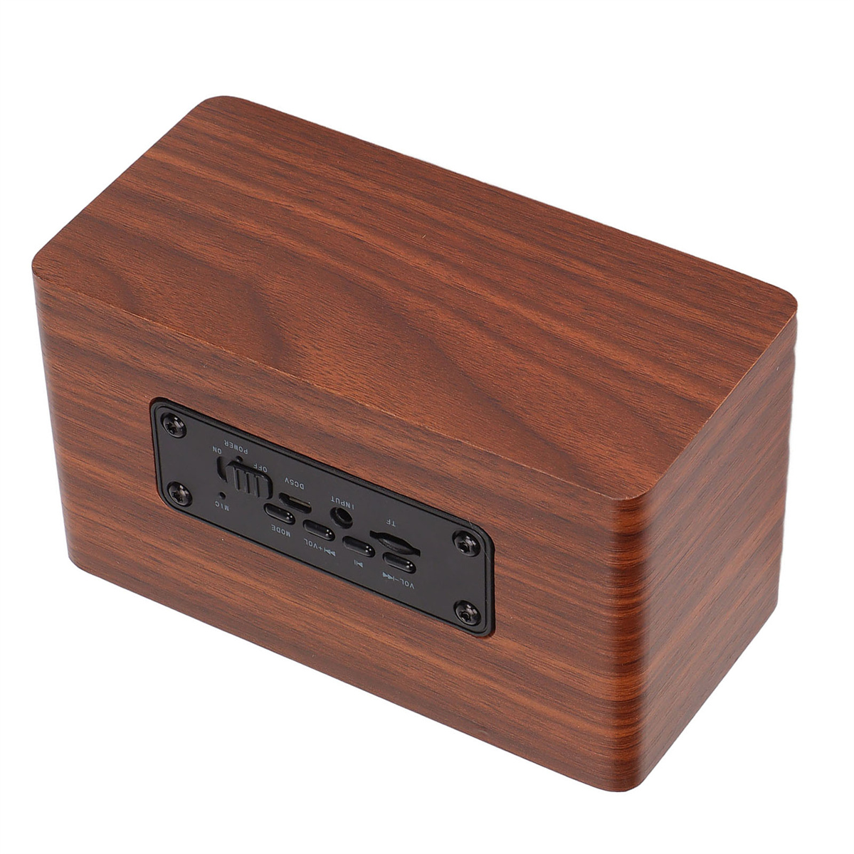 Ein Holz-Lautsprecher mit Knöpfen und Anschlüssen, von oben gesehen.