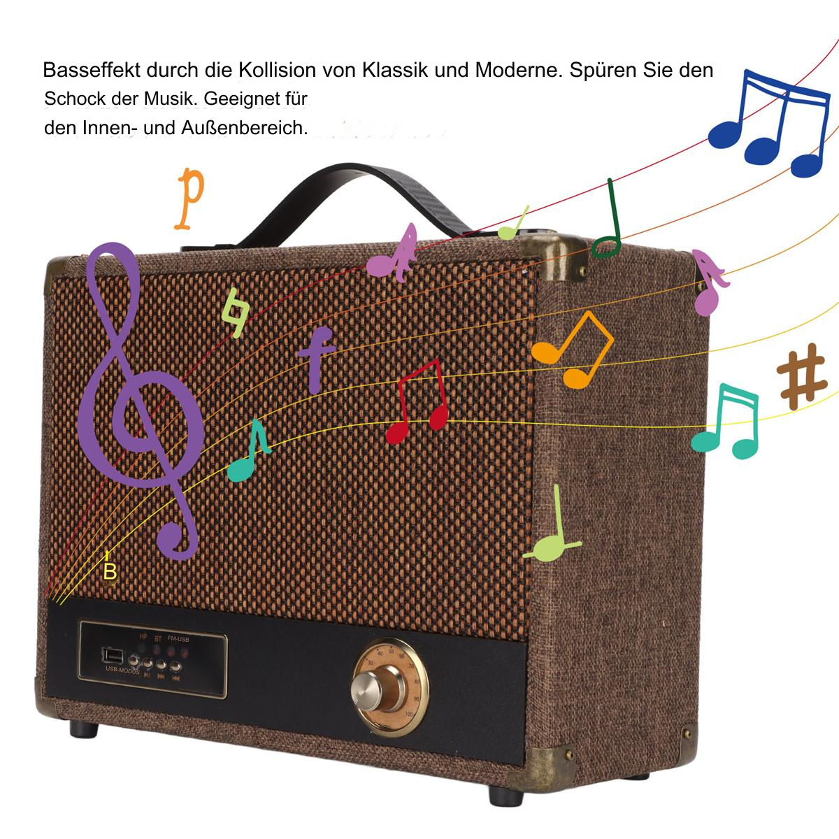 Brauner Lautsprecher mit Musiknoten, Text auf Deutsch.