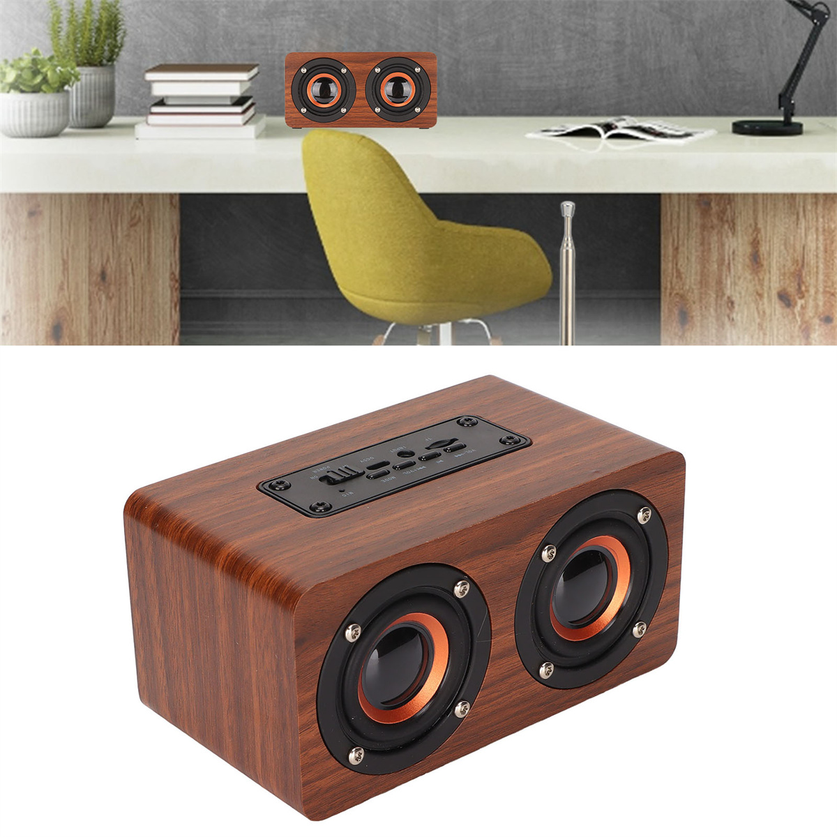Holzlautsprecher mit zwei Lautsprechern und Bedientasten. Weißer Schreibtisch im Hintergrund.