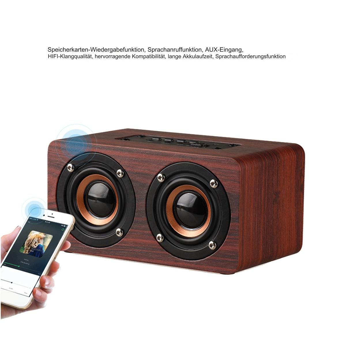 Ein Holz-Lautsprecher mit zwei Speakern und ein Telefon, das eine Musik-App zeigt. Das Telefon ist blau.