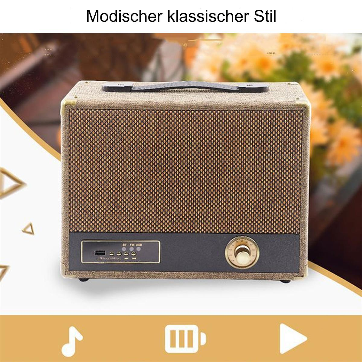Lautsprecher mit brauner Mesh-Front. Knöpfe und ein Knopf. Text 'Modischer klassischer Stil'.