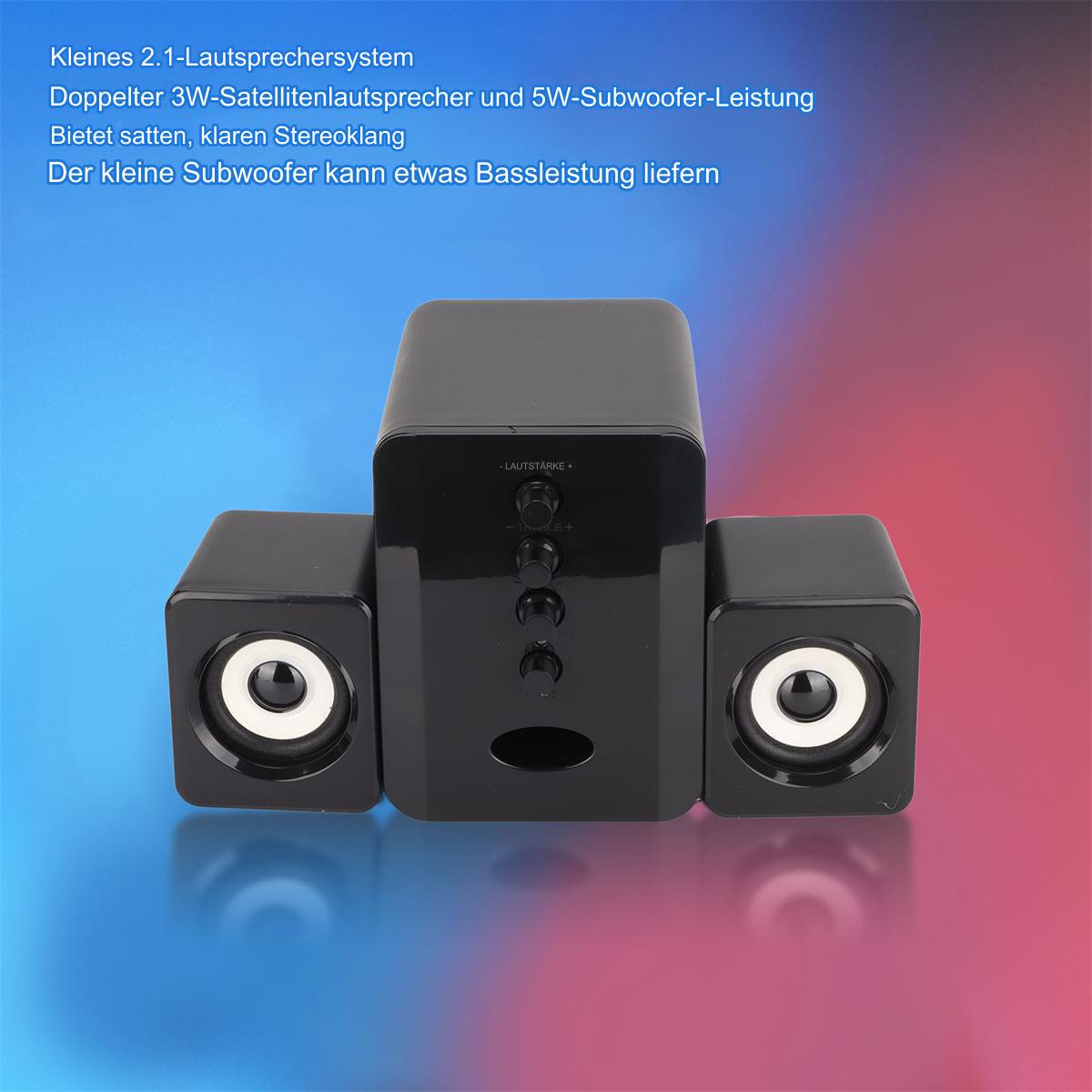 Ein schwarzes Lautsprechersystem mit zwei kleinen Lautsprechern und einem Subwoofer. Mit Lautstärkereglern.