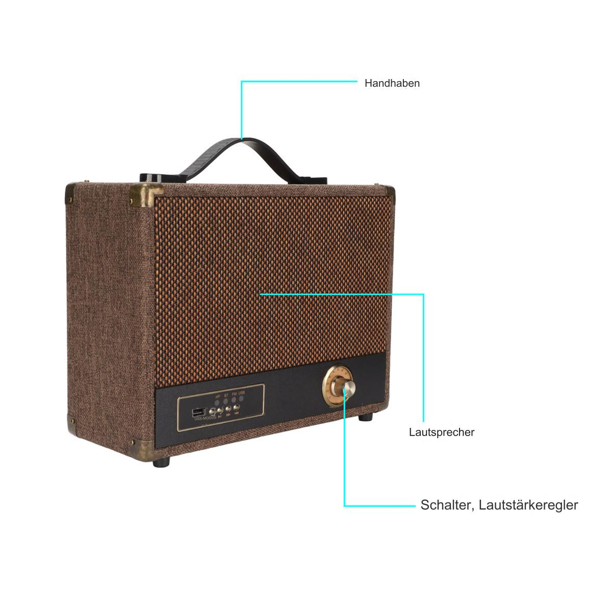 Brauner Lautsprecher im Retro-Stil mit Griff. Enthält einen Lautsprecher, Lautstärkeregler und Netzschalter.