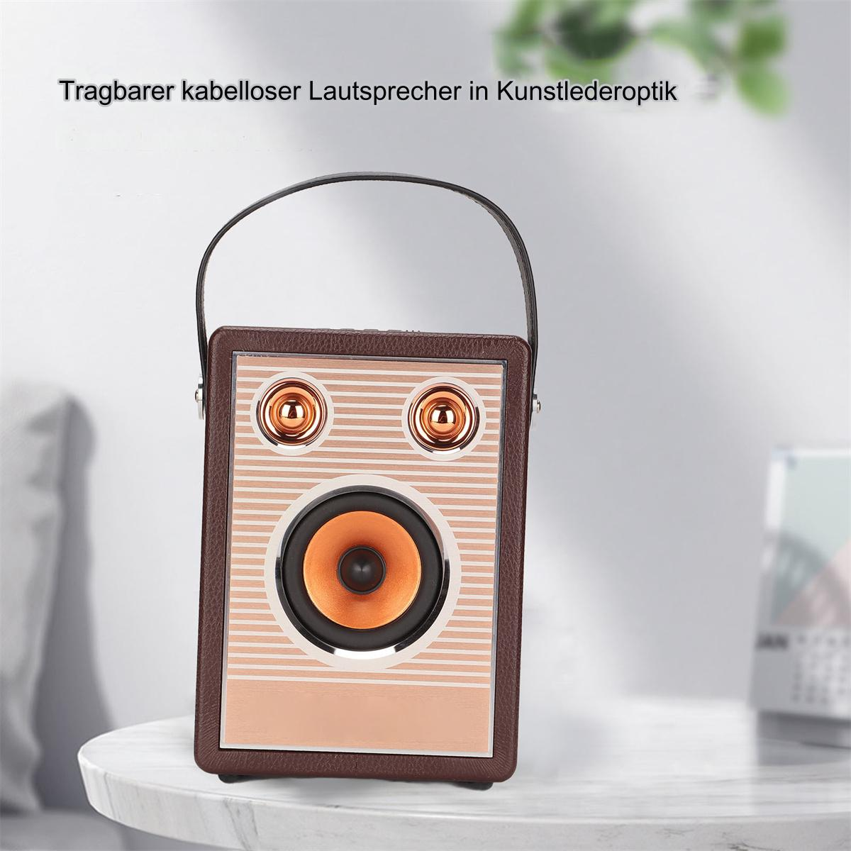 Ein tragbarer, braun-silberner Lautsprecher mit Griff, zwei Lautsprechern und einem zentralen Lautsprecher.