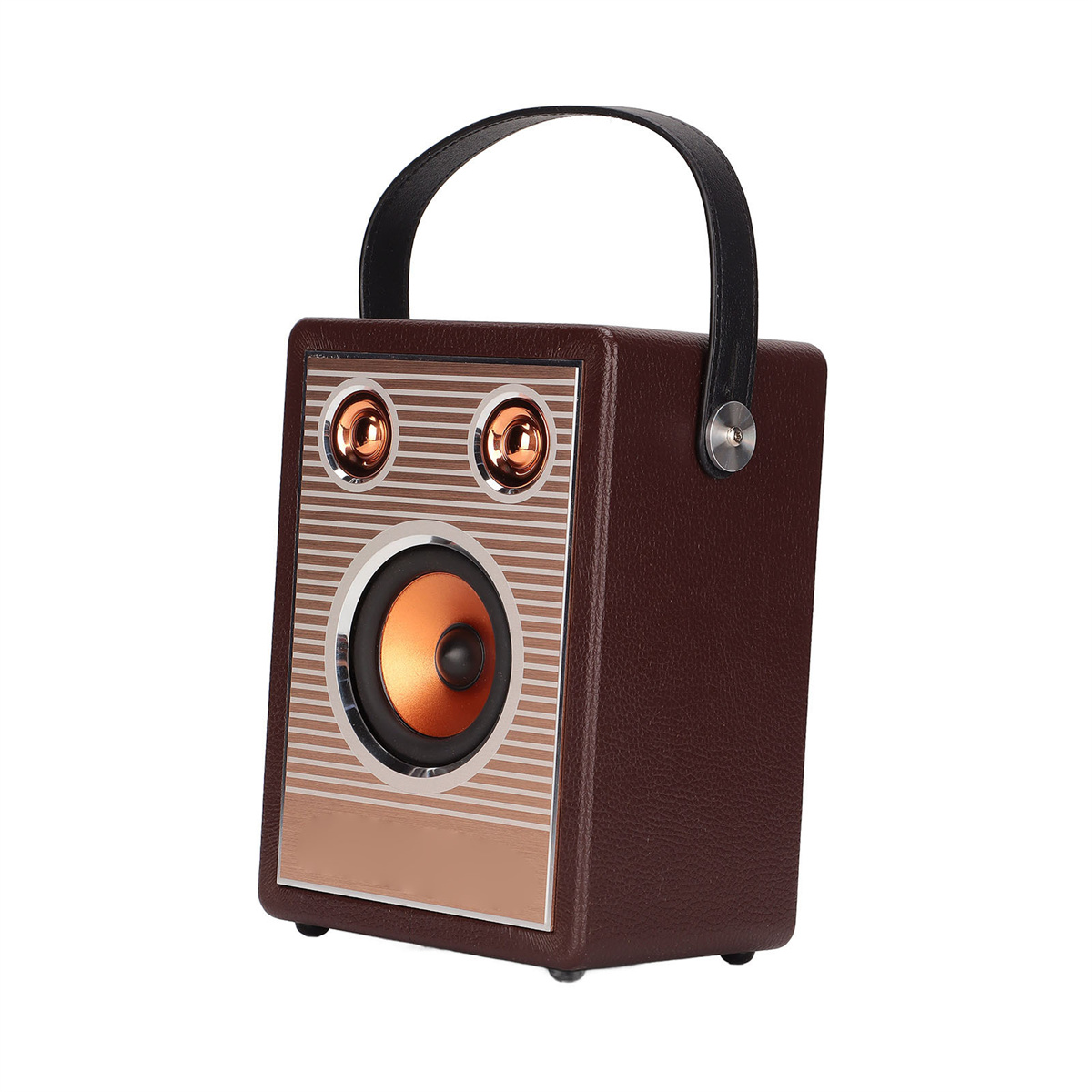 Brauner und schwarzer Retro-Lautsprecher mit Griff. Oranger Lautsprecherkonus sichtbar.