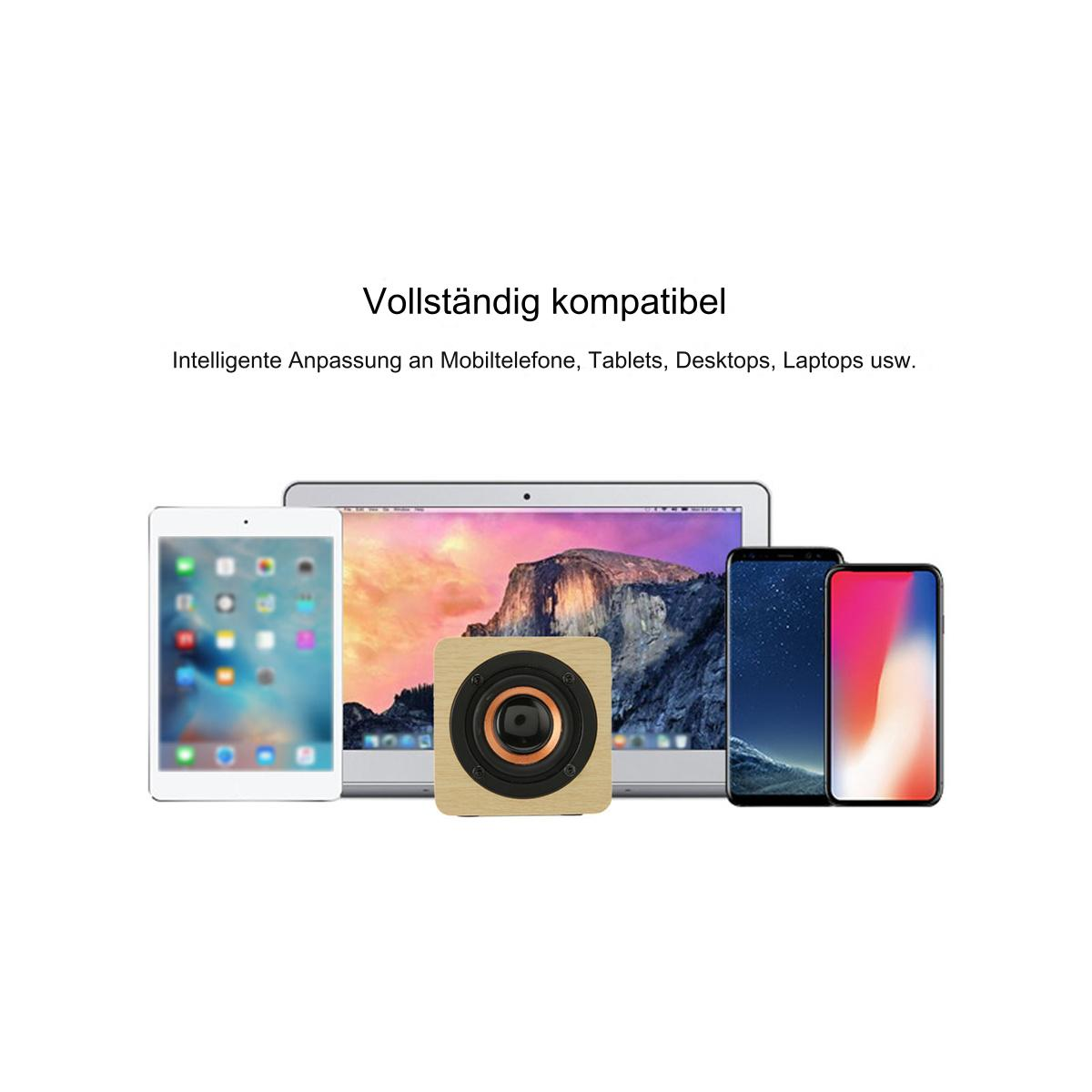 Geräte mit Tablet, Laptop und Telefonen. Ein Lautsprecher vorne. Text: Vollständig kompatibel.
