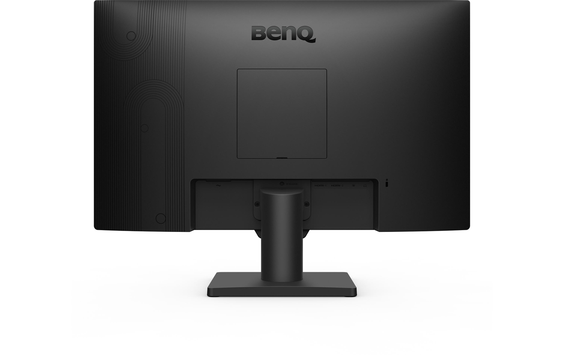 Czarny monitor BenQ, widok z tyłu, z portami i podstawą. Białe tło.