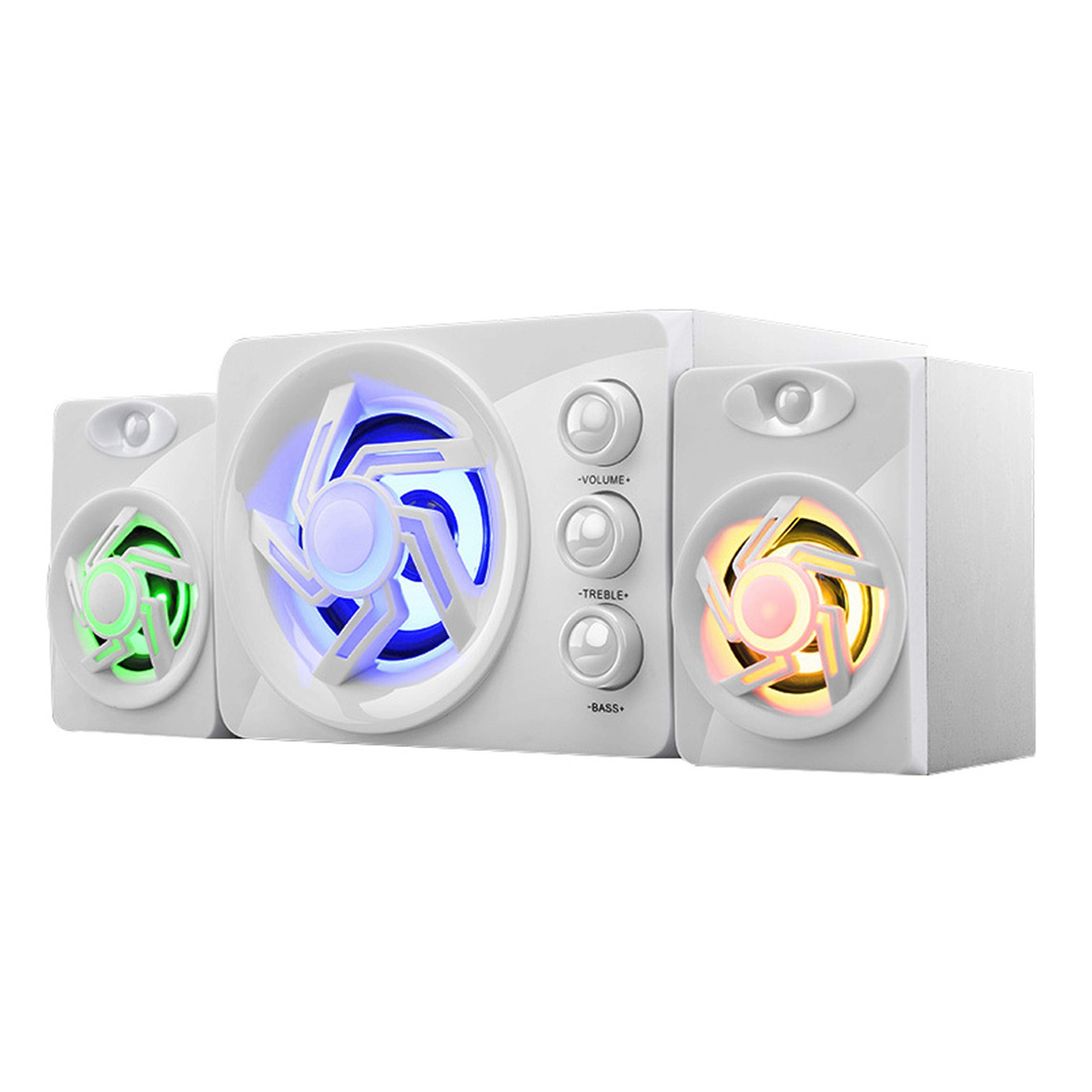 Ein weißes Stereo-Lautsprecherset mit drei Lautsprechern und farbigen Lichtern.