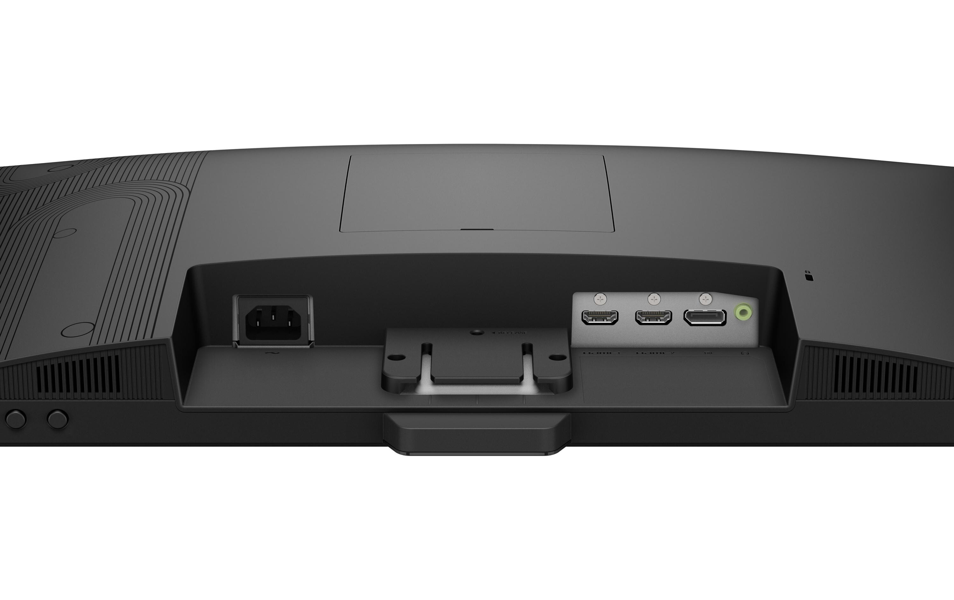 Tył czarnego monitora. Widoczne porty zasilania, HDMI i audio. Mocowanie centralne.