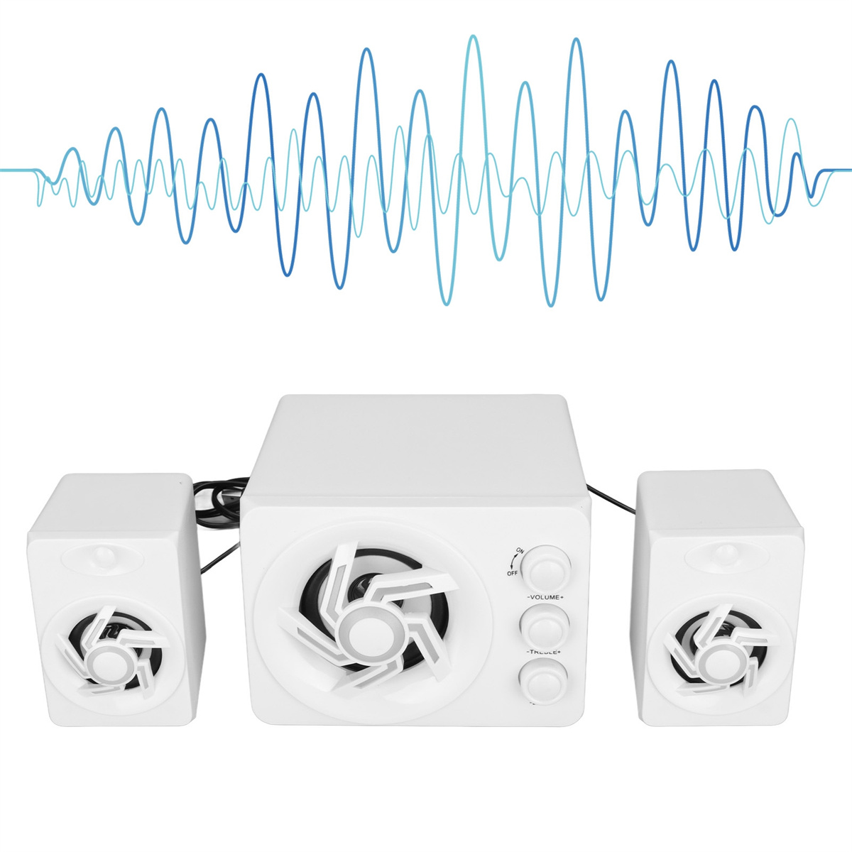 Weiße Lautsprecher und Subwoofer mit Schallwellen-Grafik darüber.