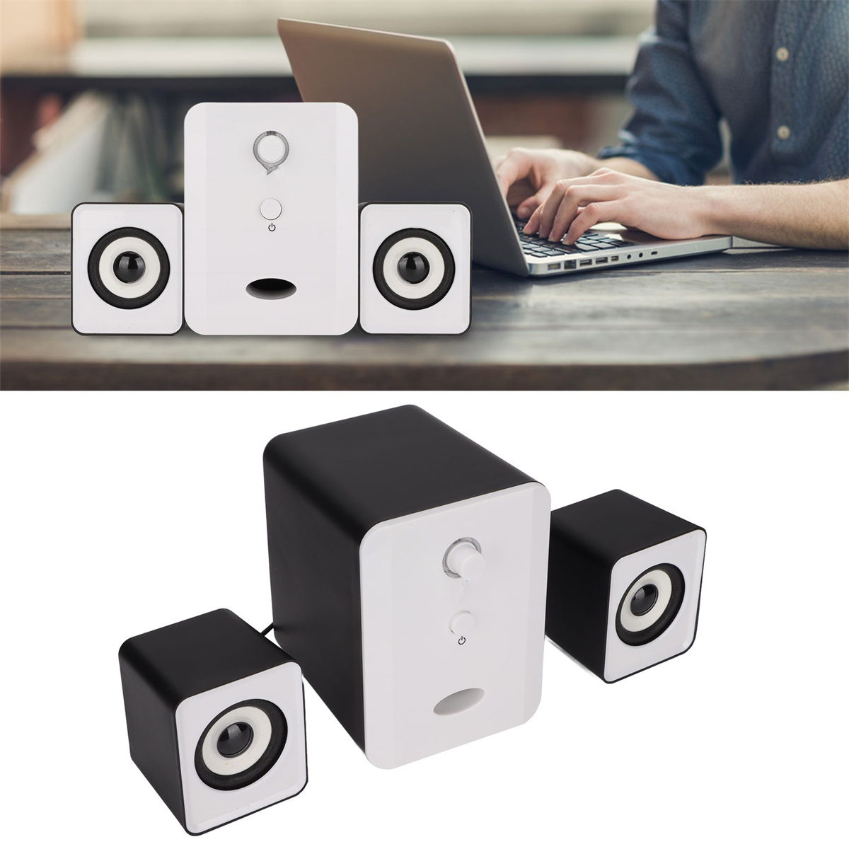 Zwei Lautsprecher-Sets auf einem Tisch. Eines ist ein Laptop-Setup und das andere eine Nahaufnahme.