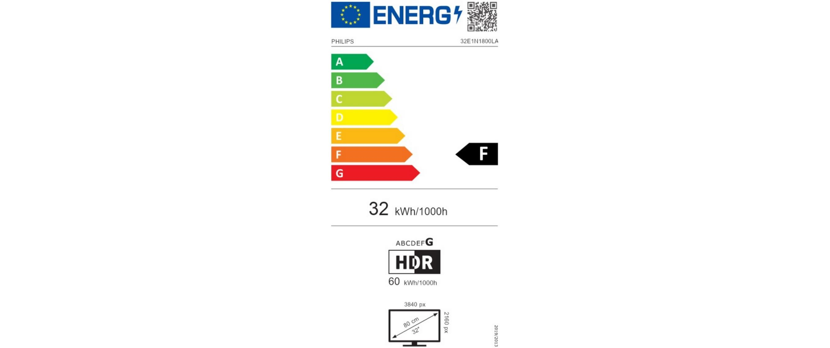 Etykieta oceny energetycznej z oceną F i specyfikacjami dla telewizora.