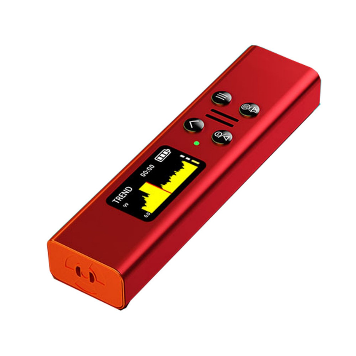 Roter Audioplayer mit Bildschirm und Knöpfen. Weißer Hintergrund.