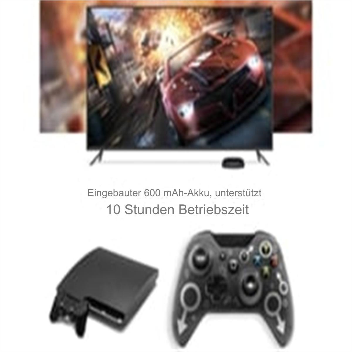 Ein Fernsehbildschirm mit einem Autorennen, einer Spielkonsole und einem Gamecontroller auf weißem Grund.