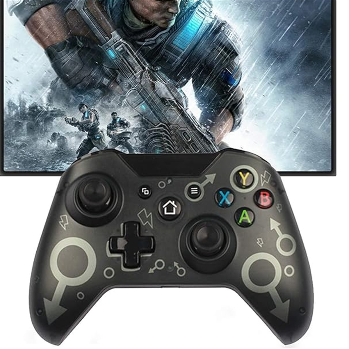 Schwarzer Gaming-Controller mit bunten Knöpfen und Pfeilen. Bildschirmhintergrund zeigt Spiel.