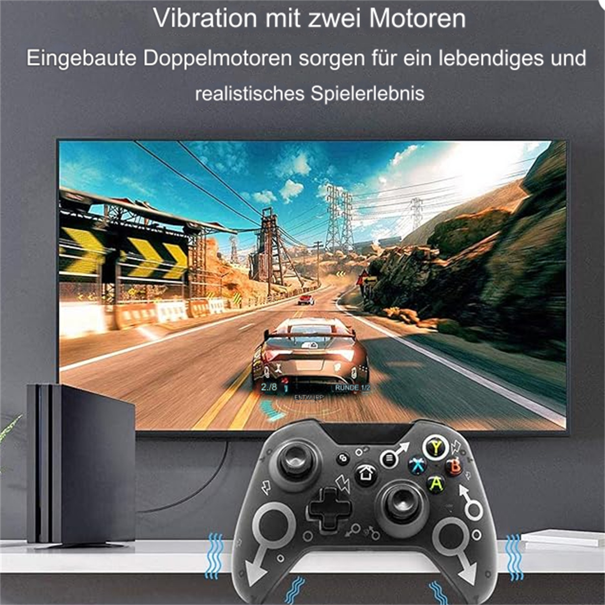 Ein Gamecontroller und eine Konsole befinden sich vor einem Fernsehbildschirm, der ein Autorennen zeigt.