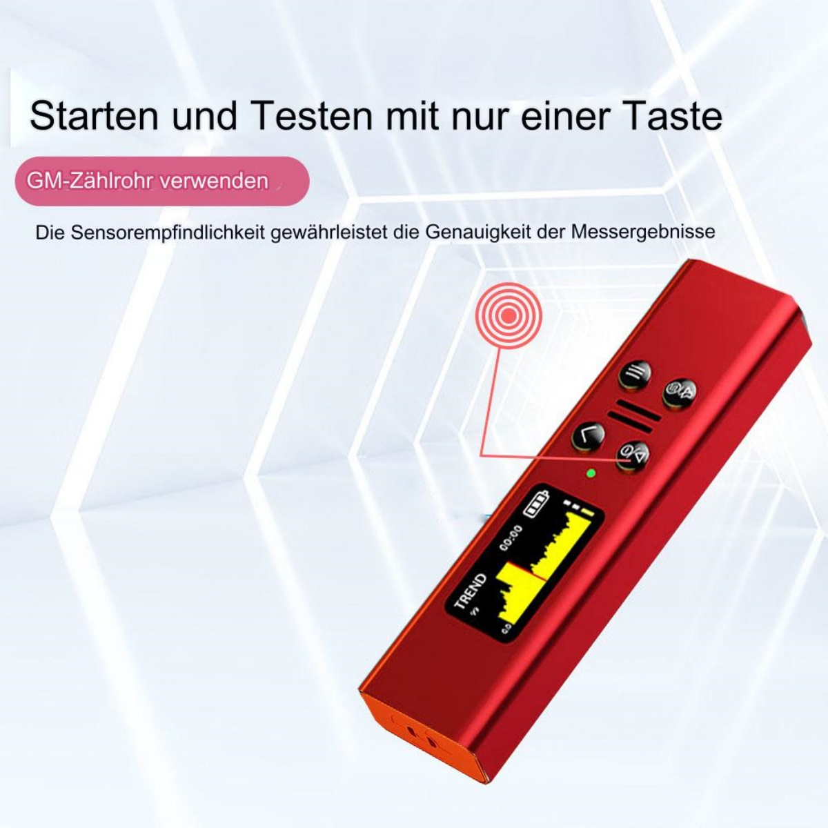 Ein rotes Gerät mit Display und Knöpfen, mit einem Diagramm, das die Strahlungsmessung zeigt.