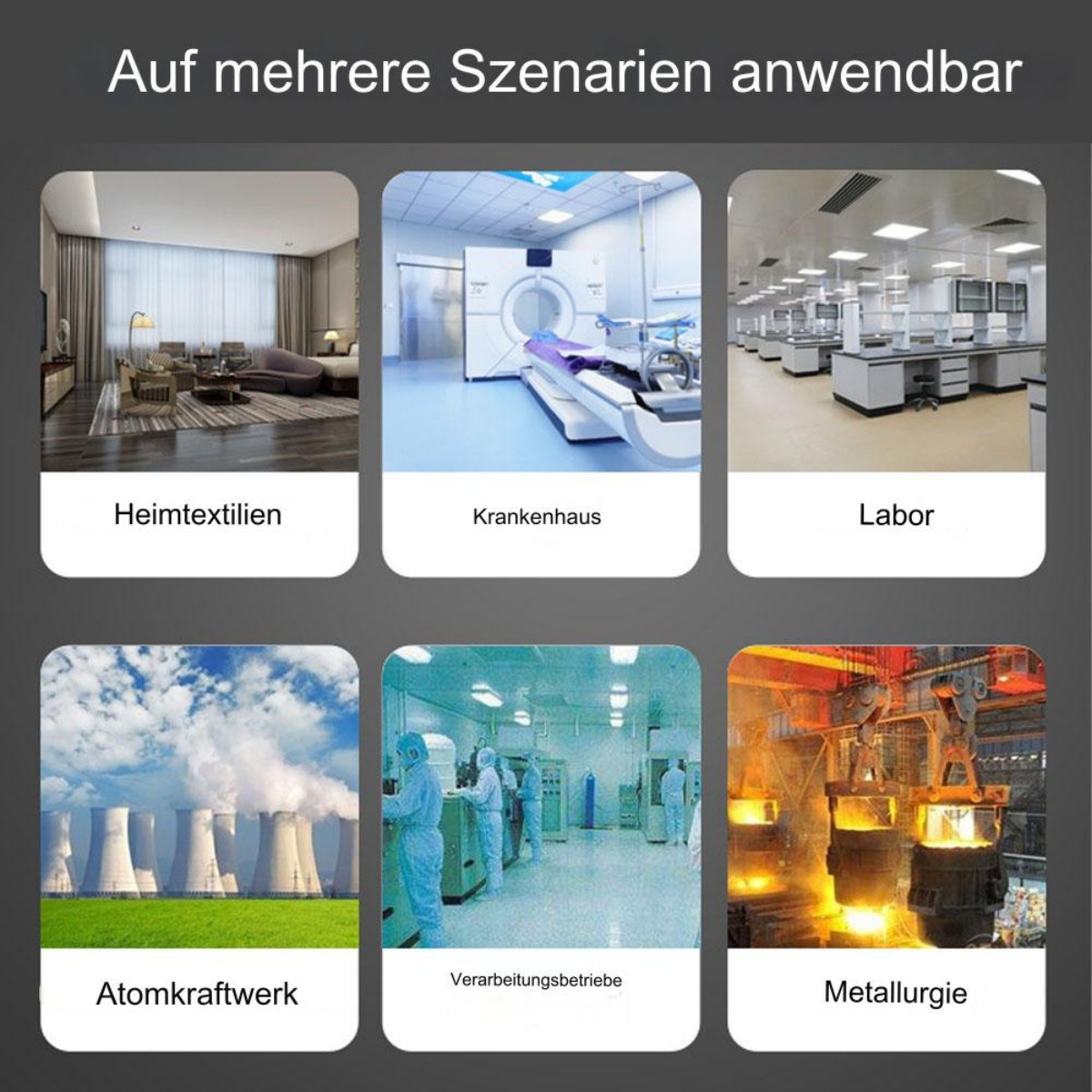 Bild zeigt verschiedene Anwendungen: Heimtextilien, Krankenhaus, Labor, Kernkraftwerk und mehr.