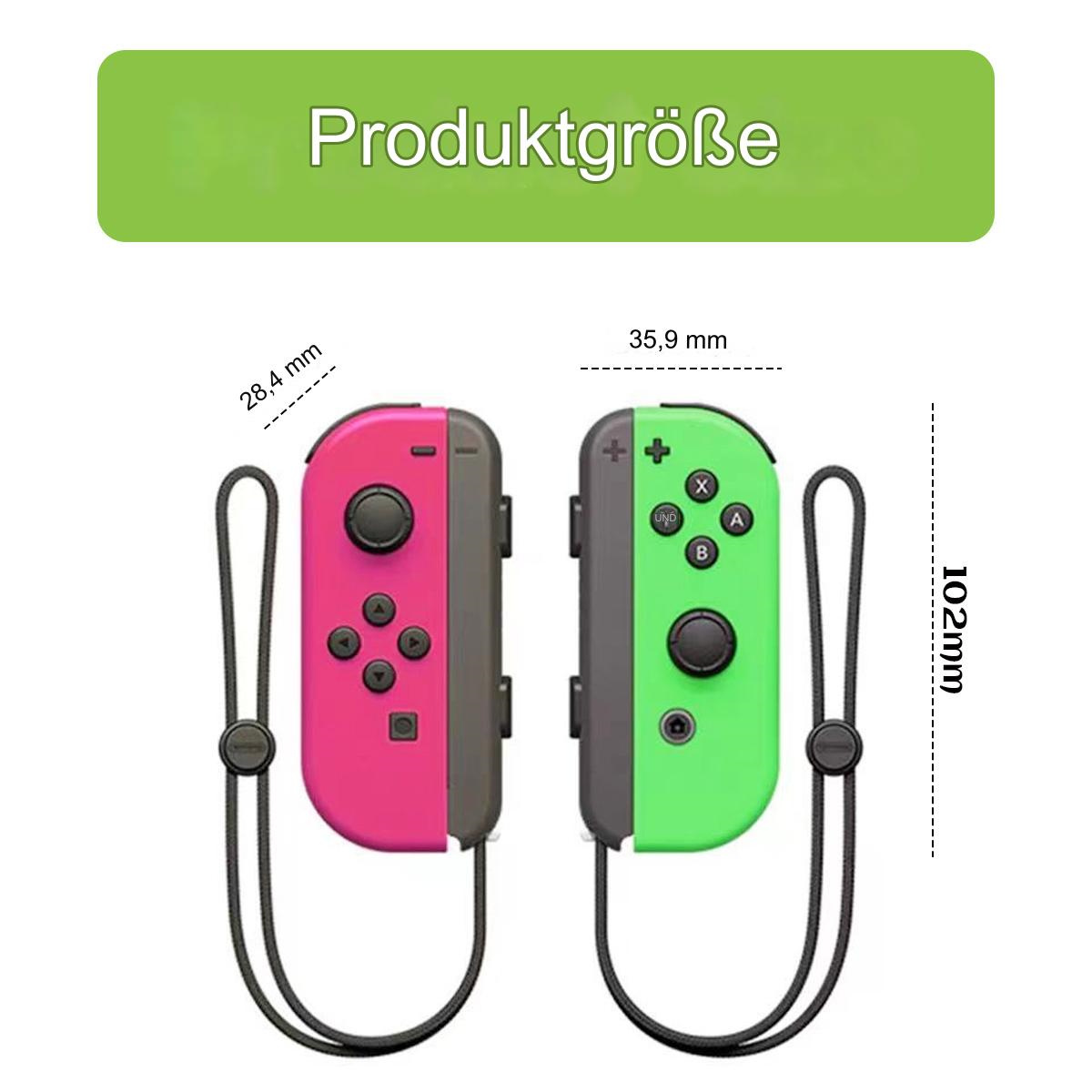Rosa und grüne Gamecontroller mit schwarzen Riemen, Maße auf dem Bild angegeben.