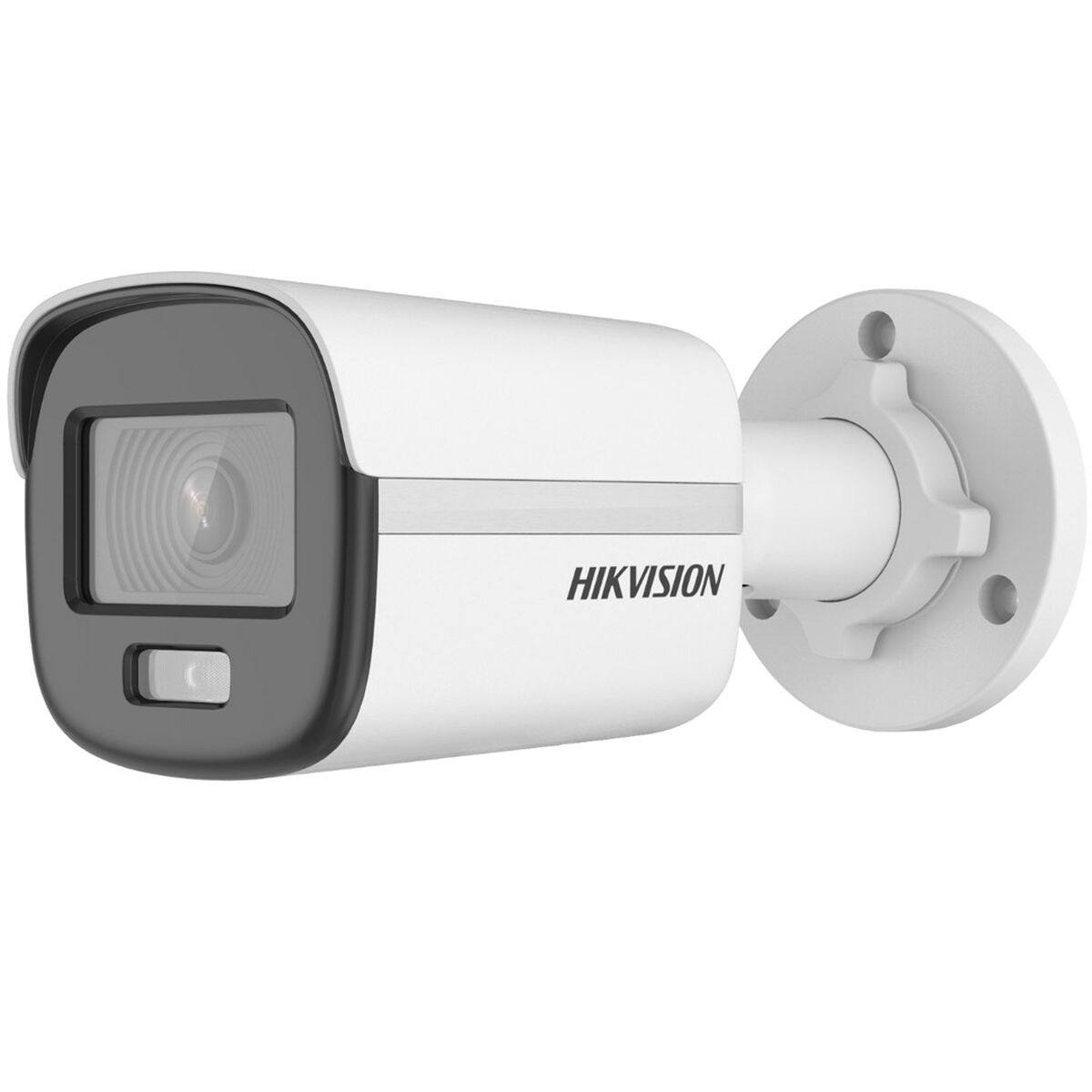Telecamera di sicurezza Hikvision bianca e grigia. Ha un obiettivo, un pulsante e un supporto circolare.