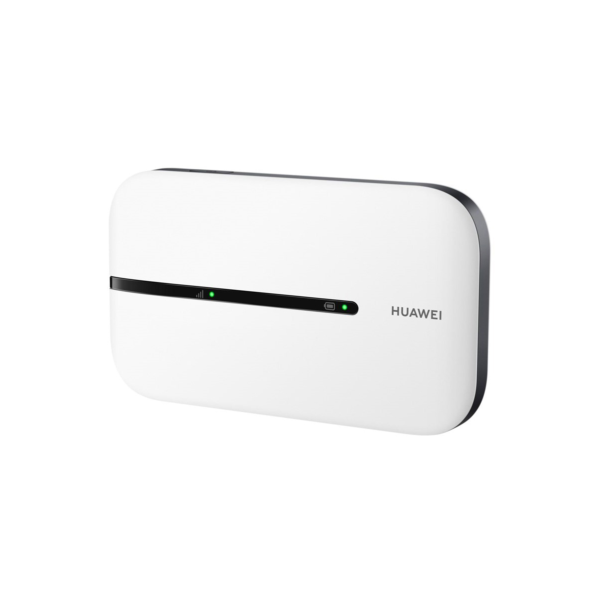 Weißer Huawei WLAN-Router. Er hat einen schwarzen Streifen mit zwei grünen Lichtern und Huawei-Logo.