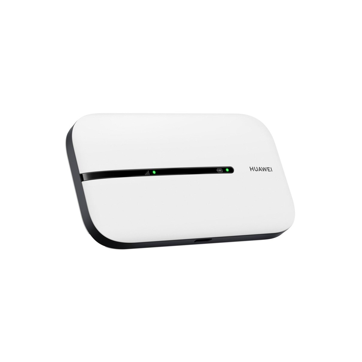 Ein weißer und schwarzer Router mit grünen Kontrollleuchten und Huawei-Logo.