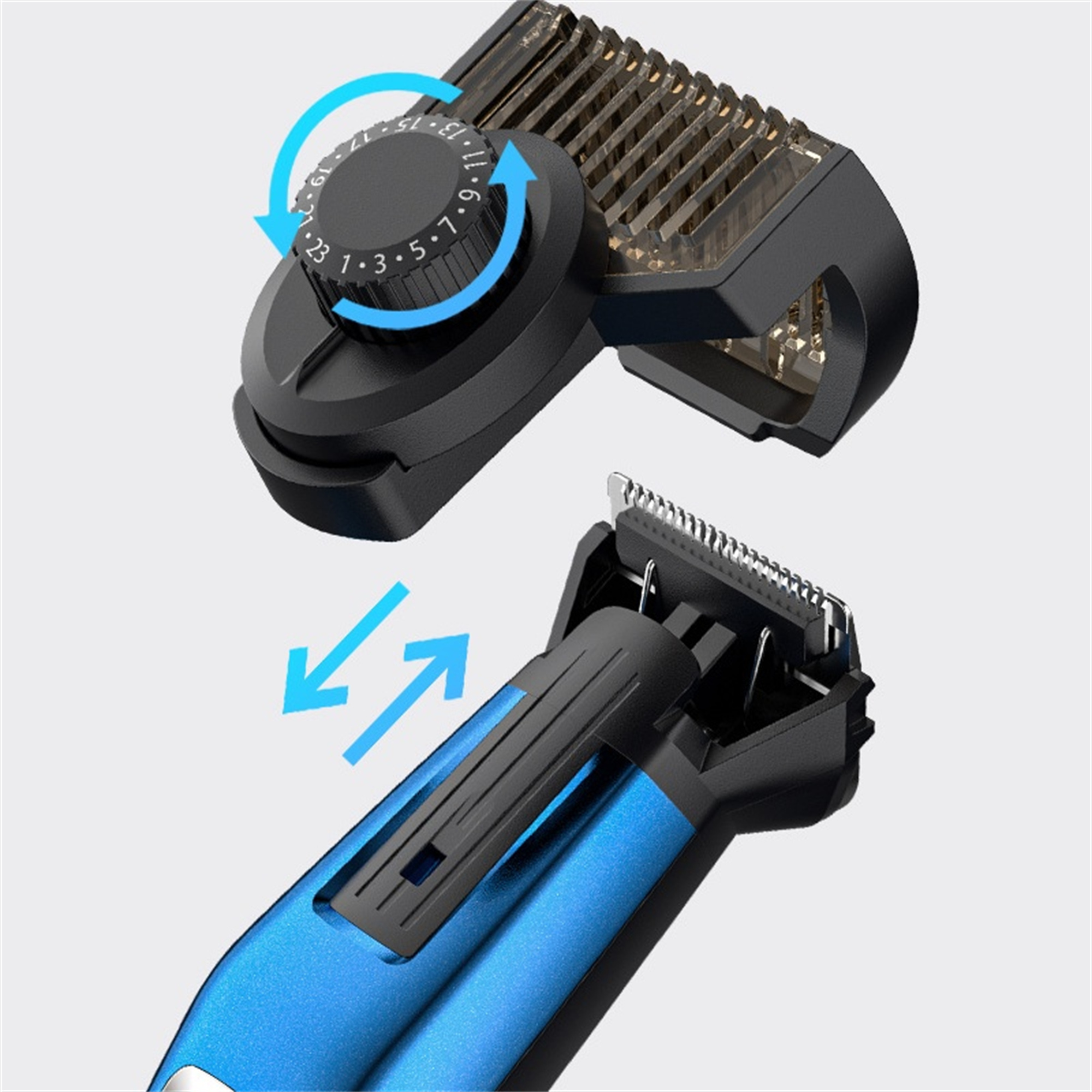 Nahaufnahme eines blau-schwarzen Haarschneiders mit Einstellrad, weißer Hintergrund.