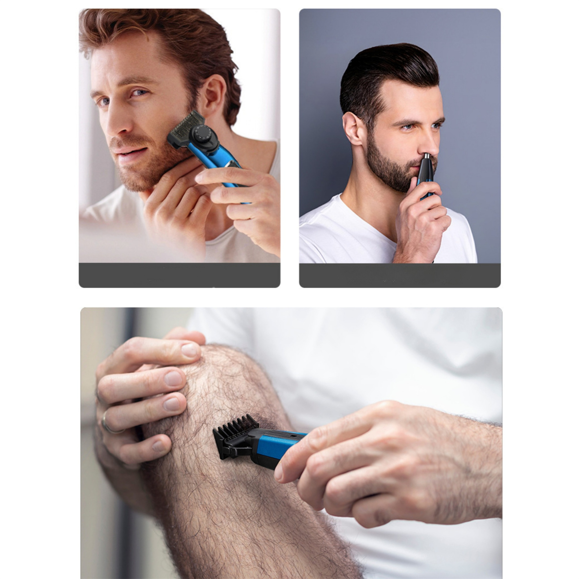 Nahaufnahme eines Mannes, der einen Rasierer und Trimmer benutzt. Mehrere Bilder zeigen die Rasur.
