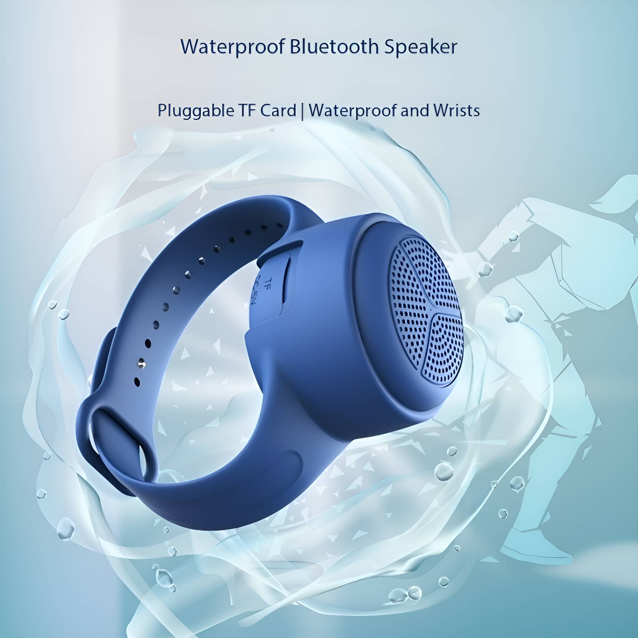 Ein blauer wasserdichter Bluetooth-Lautsprecher mit Armband, mit Wasserspritzern.