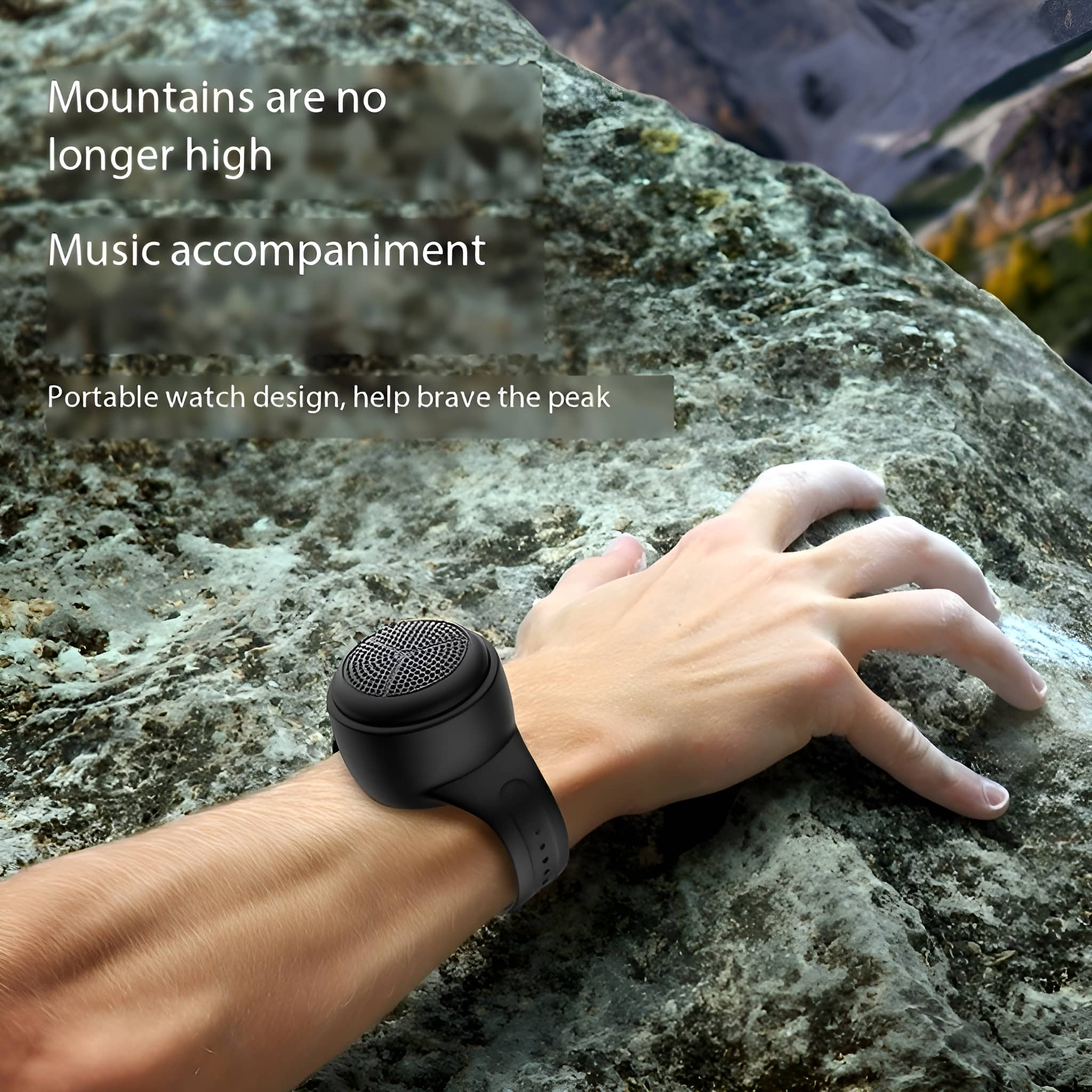 Ein Arm einer Person mit einer Smartwatch am Handgelenk. Die Uhr ist schwarz und der Hintergrund ist ein Felsen.