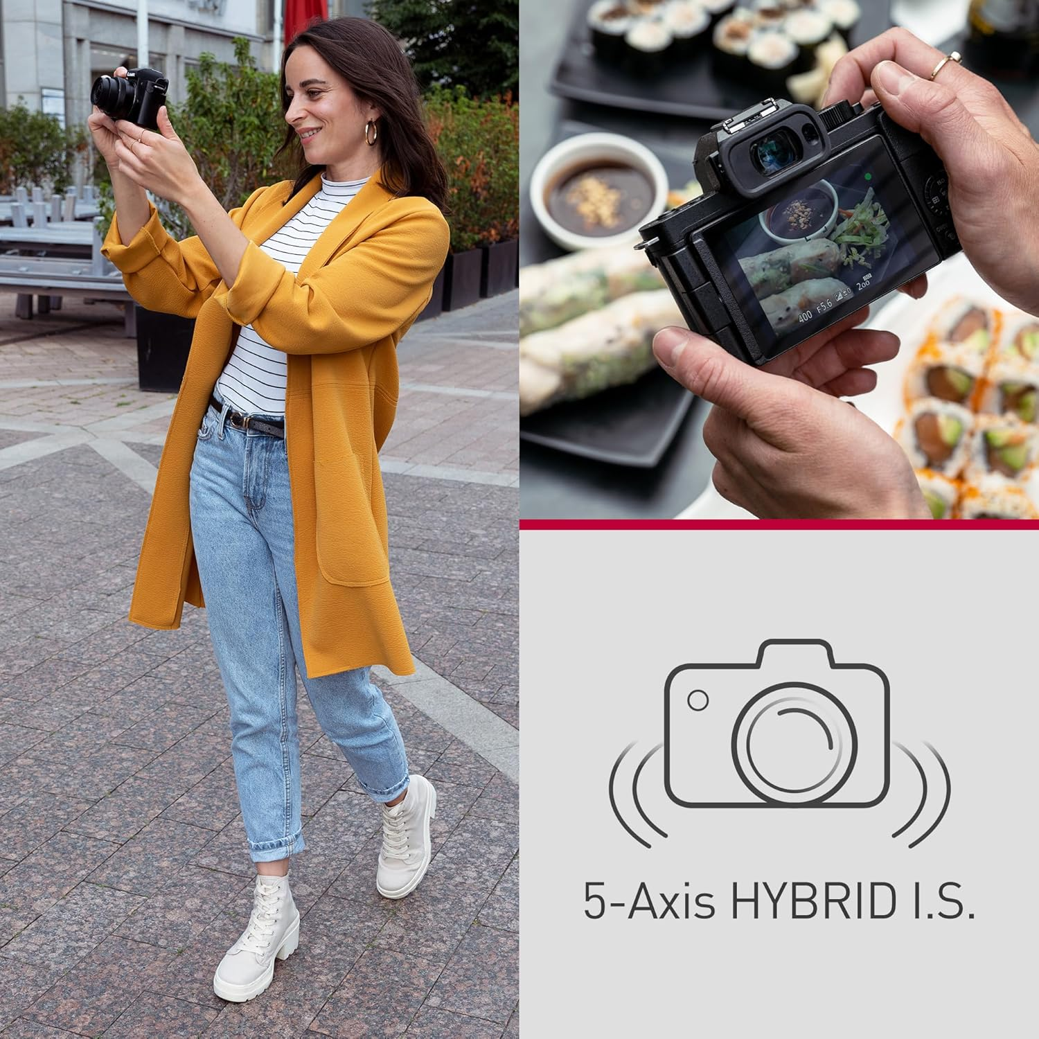 Frau macht draußen Fotos mit einer Kamera und trägt einen gelben Mantel. Sushi ist im Hintergrund.