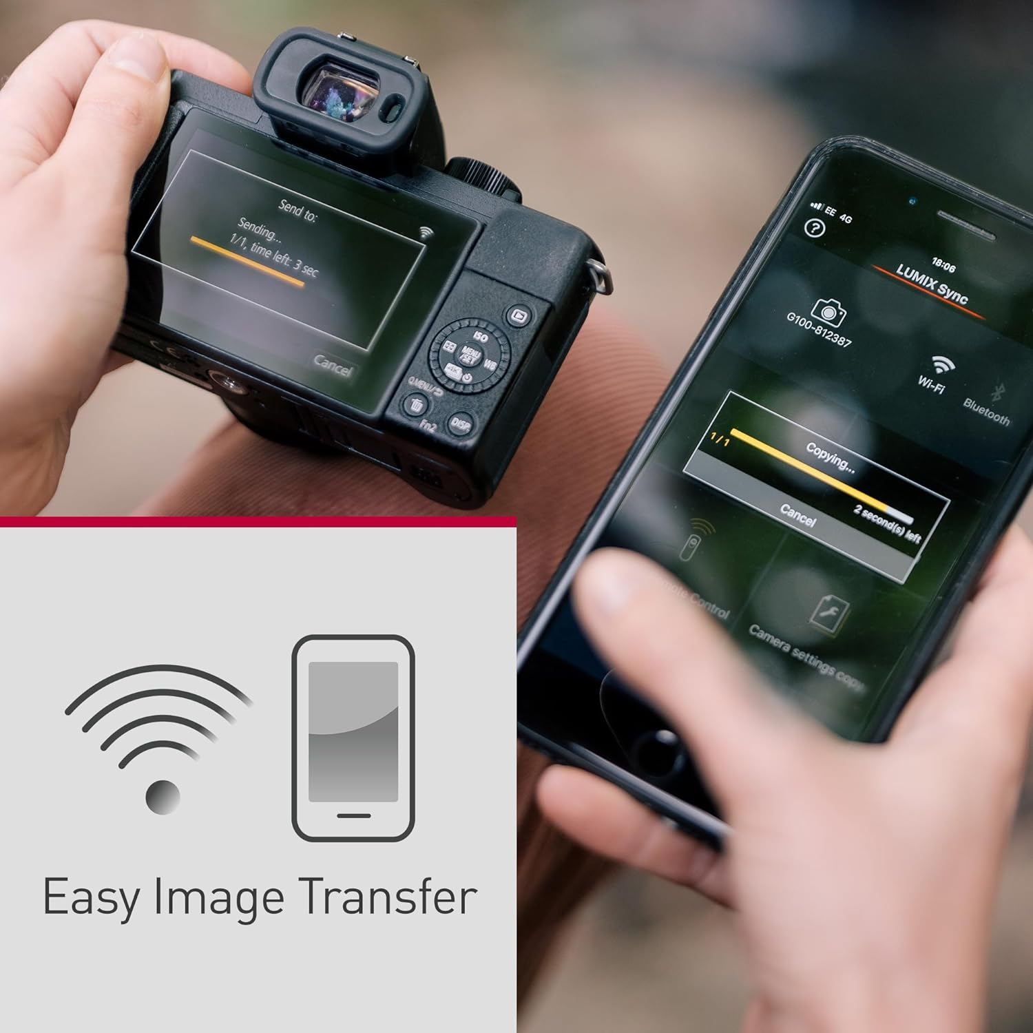 Kamera und Telefon übertragen Bilder. Telefon zeigt den Fortschritt der Übertragung.