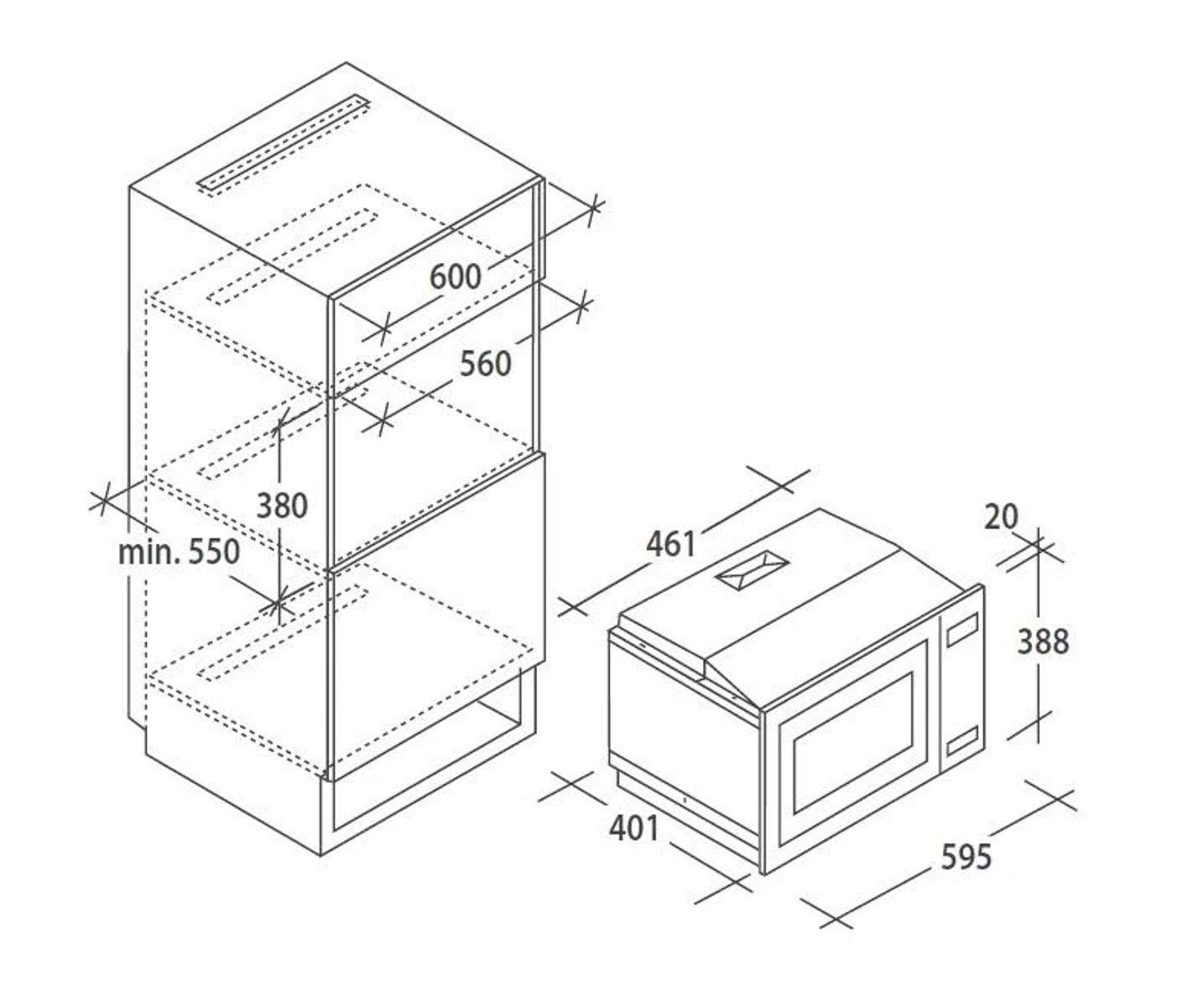 Afmetingen magnetron en kast in diagram.