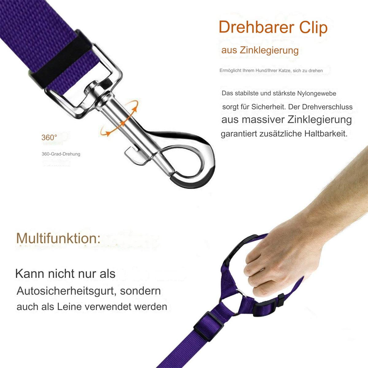 Eine lila Hundeleine mit drehbarem Clip und Text auf Deutsch. Eine Hand hält die Leine.