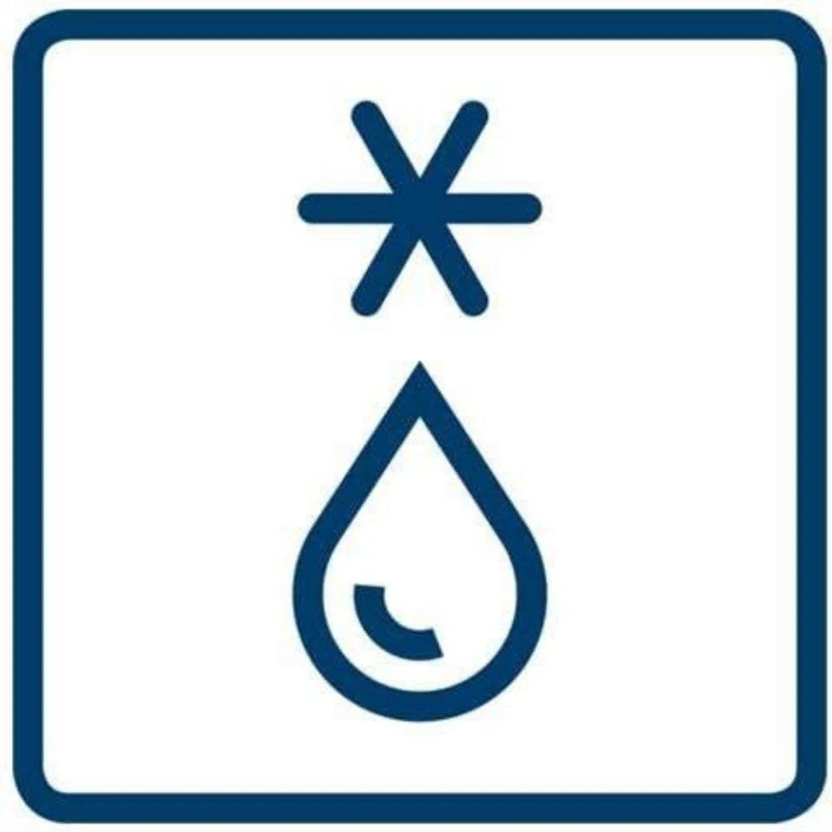 Ikona płatka śniegu nad kroplą wody, w niebieskim kwadracie.