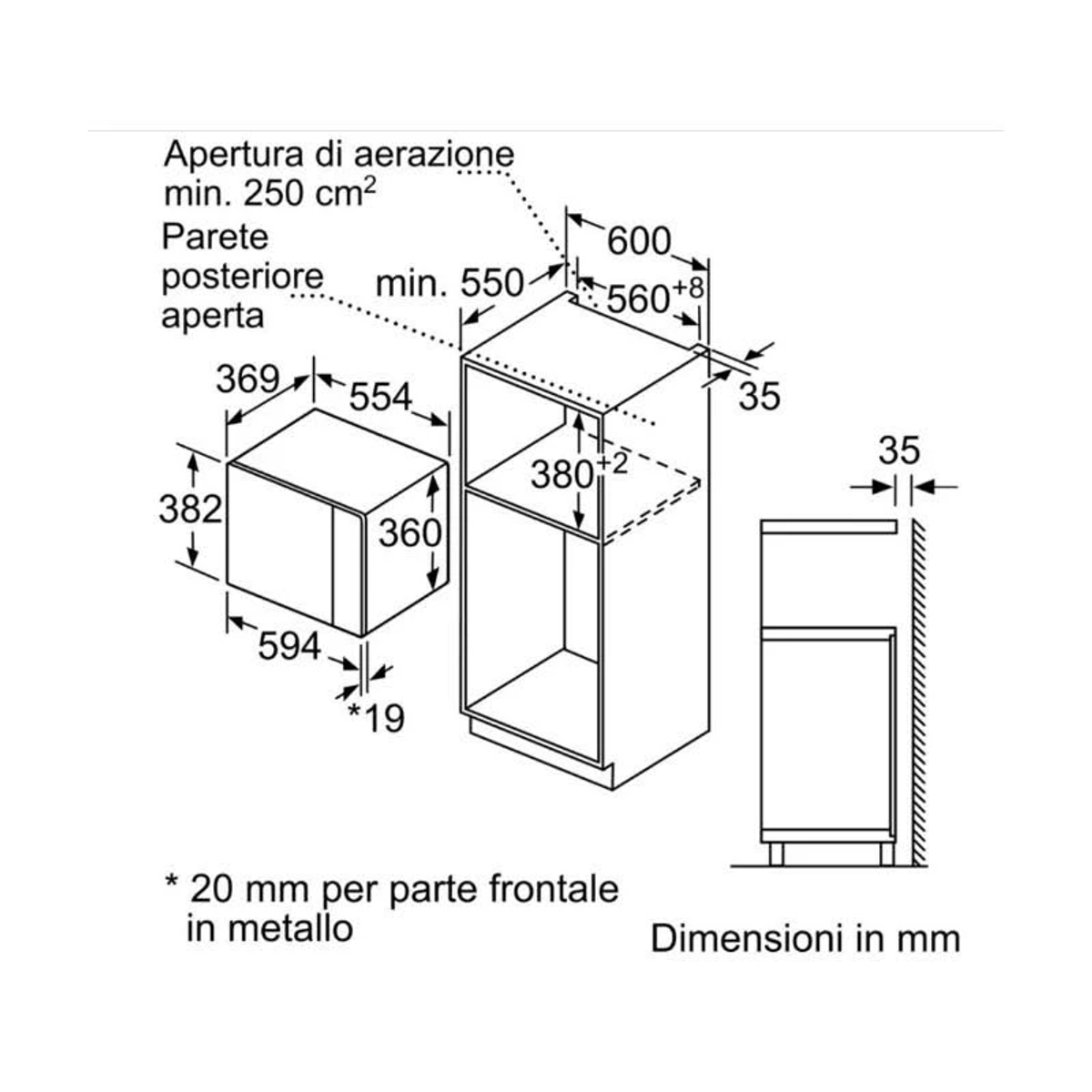 Schemat szafki kuchennej. Wymiary w milimetrach. Wymiary i cechy są opisane.