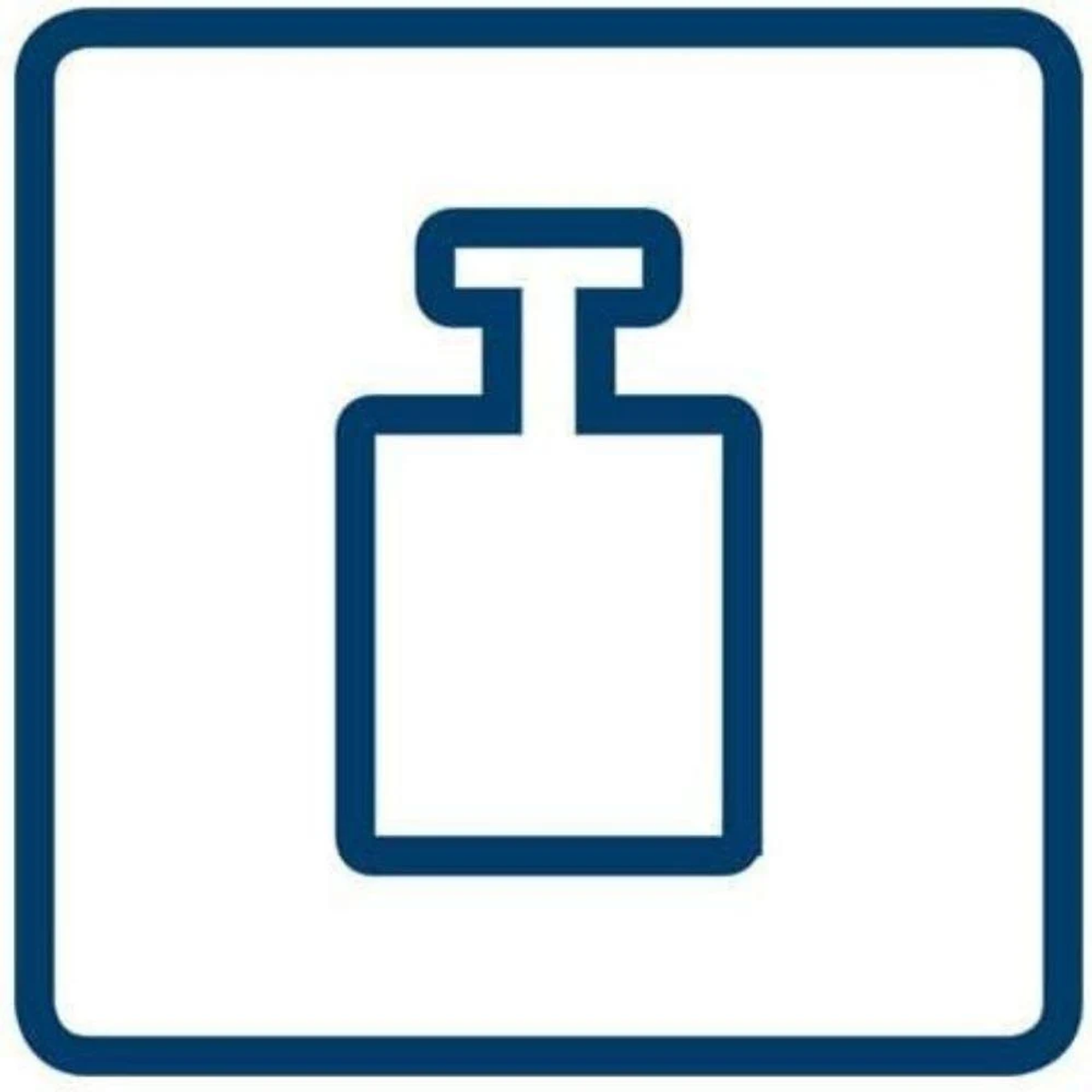 Ikona wagi. Jest to kwadratowa ramka z kształtem butelki w środku. Niebieski kontur.