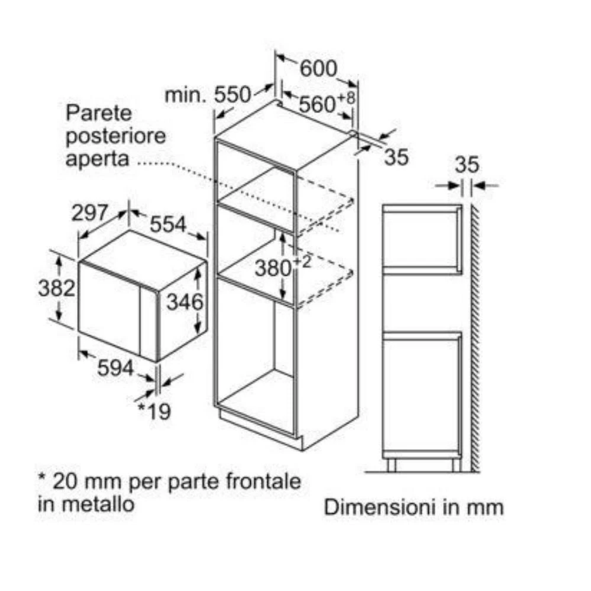 Schemat piekarnika do zabudowy z wymiarami w milimetrach, pokazujący jego części i rozmiary.