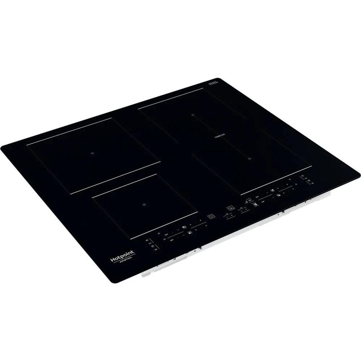 Piano cottura a induzione Hotpoint nero. Quattro zone cottura visibili. Pannello comandi in basso.
