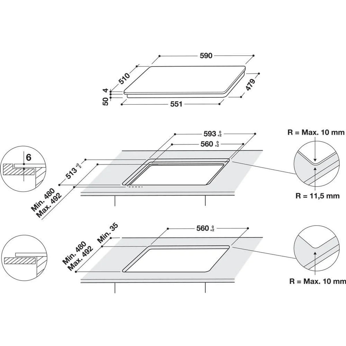 Diagramma con vista dall'alto del piano cottura. Dimensioni e sezioni trasversali etichettate. Cerchi indicano angoli arrotondati.