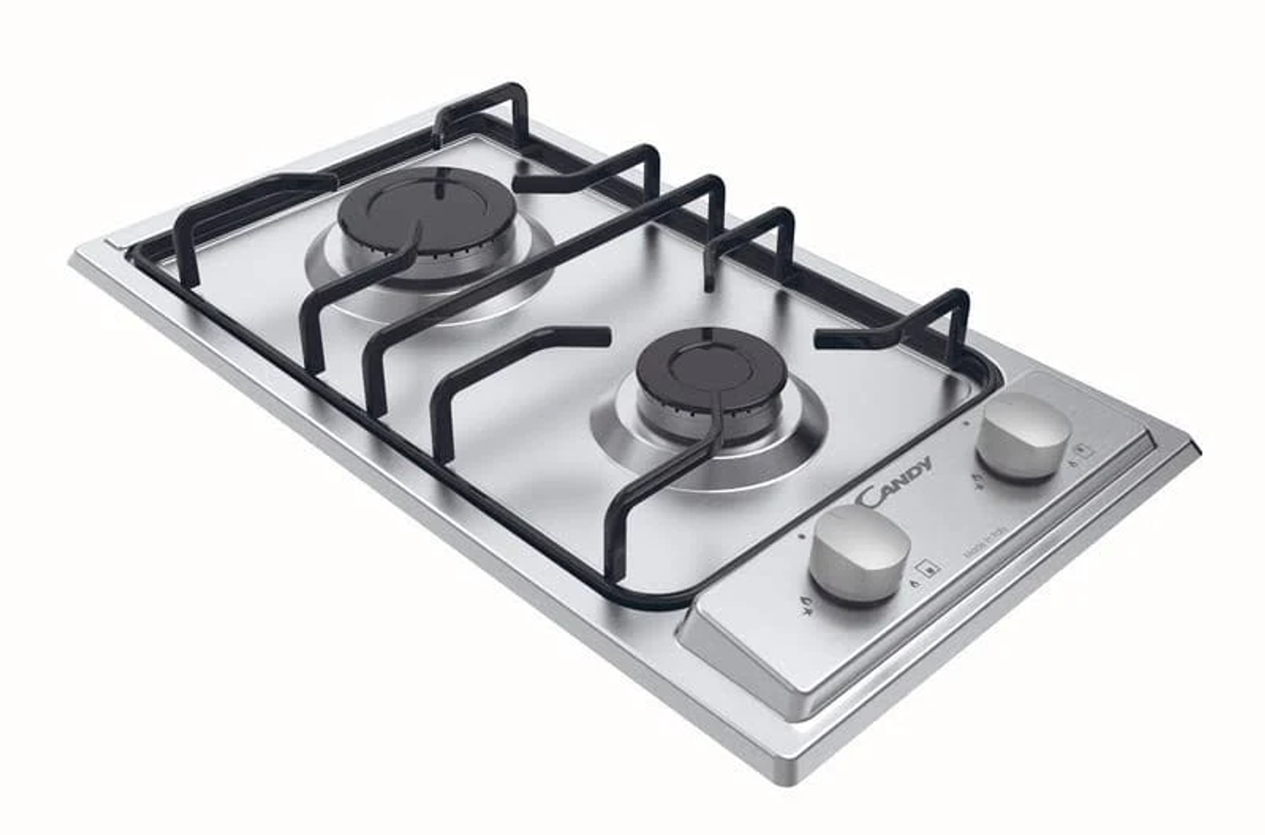 Stalowa płyta grzewcza Candy z dwoma palnikami i pokrętłami sterowania. Czarne ruszty.