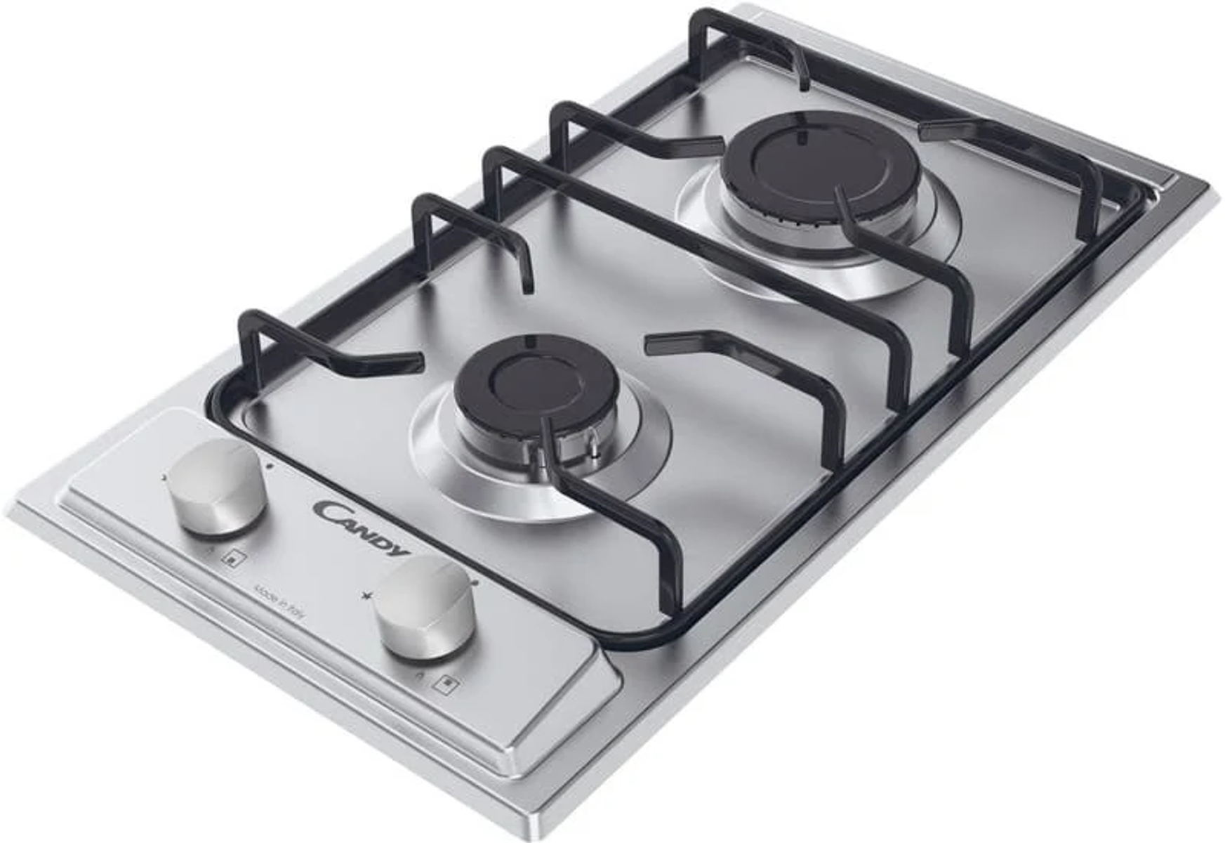 Płyta grzewcza Candy ze stali nierdzewnej z dwoma palnikami i pokrętłami. Nadruk Made in Italy.