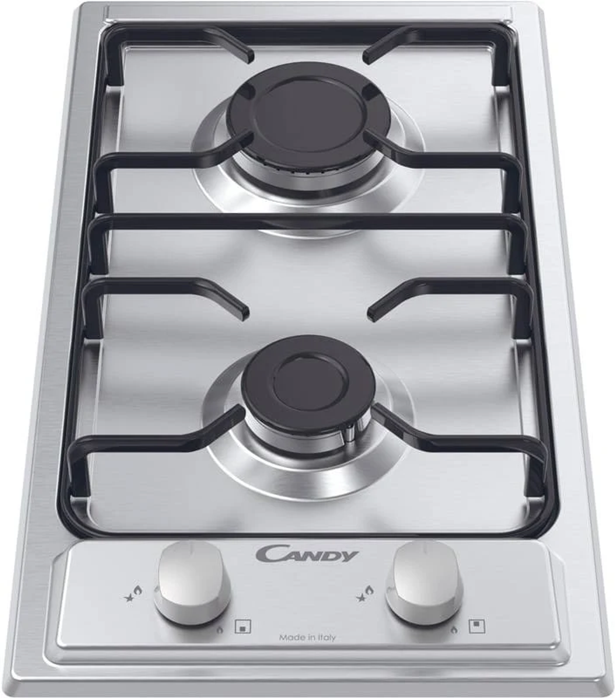 Gazowa kuchenka Candy ze stali nierdzewnej z dwoma palnikami i dwoma pokrętłami. Wyprodukowano we Włoszech.