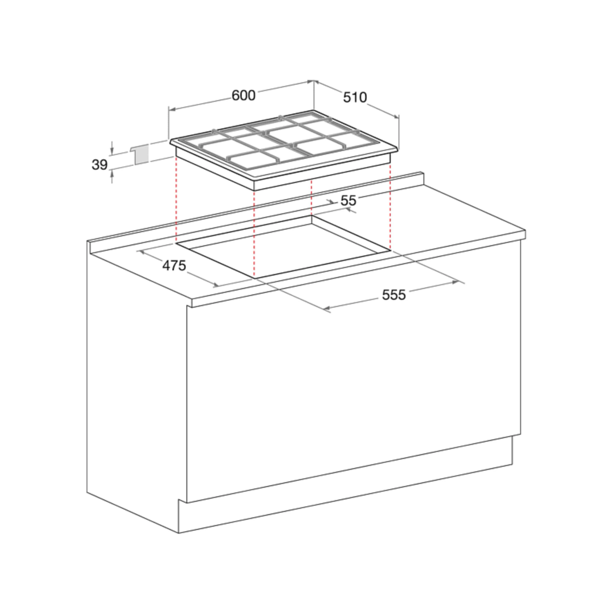Schemat płyty grzewczej zamontowanej w blacie, z wymiarami.